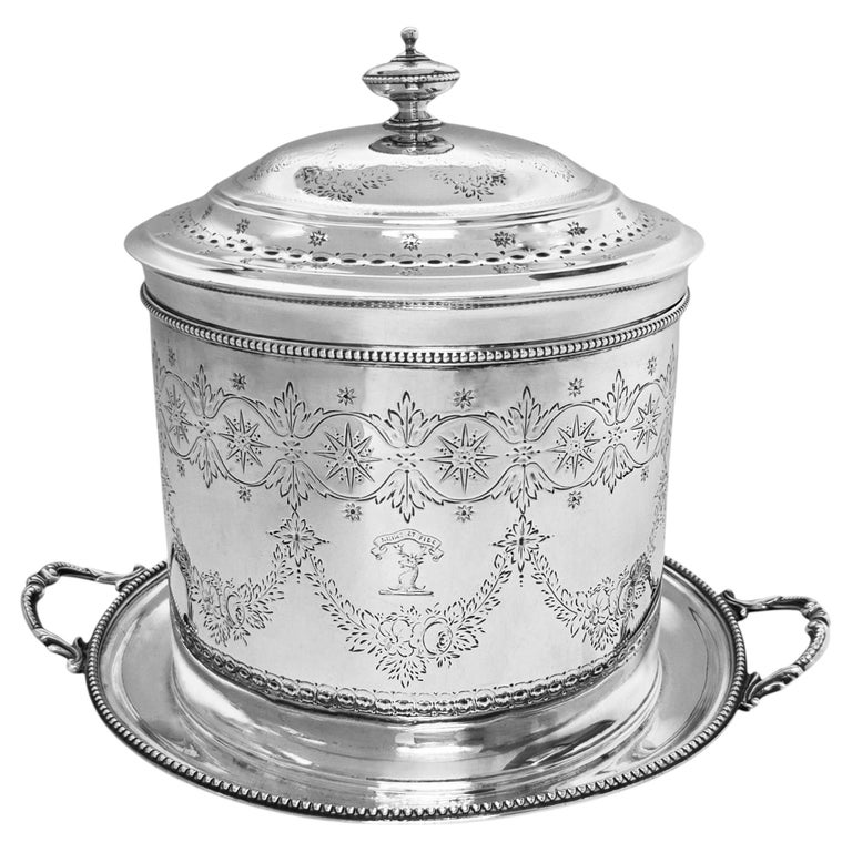 Antique Victorian Silver Biscuit Box / Cookie Jar London, England 1869 Barnards