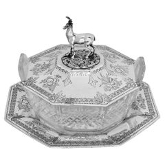 Antico portaburro vittoriano in argento sterling e vetro su piattino, Londra 1876