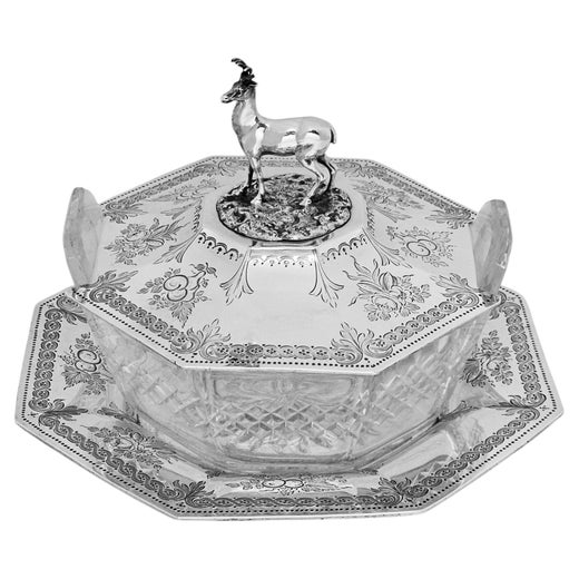 Antique Victorian Sterling Silver & Glass Butter Dish on Plate London 1876