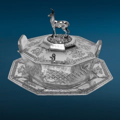 Antico portaburro vittoriano in argento sterling e vetro su piattino, Londra 1876