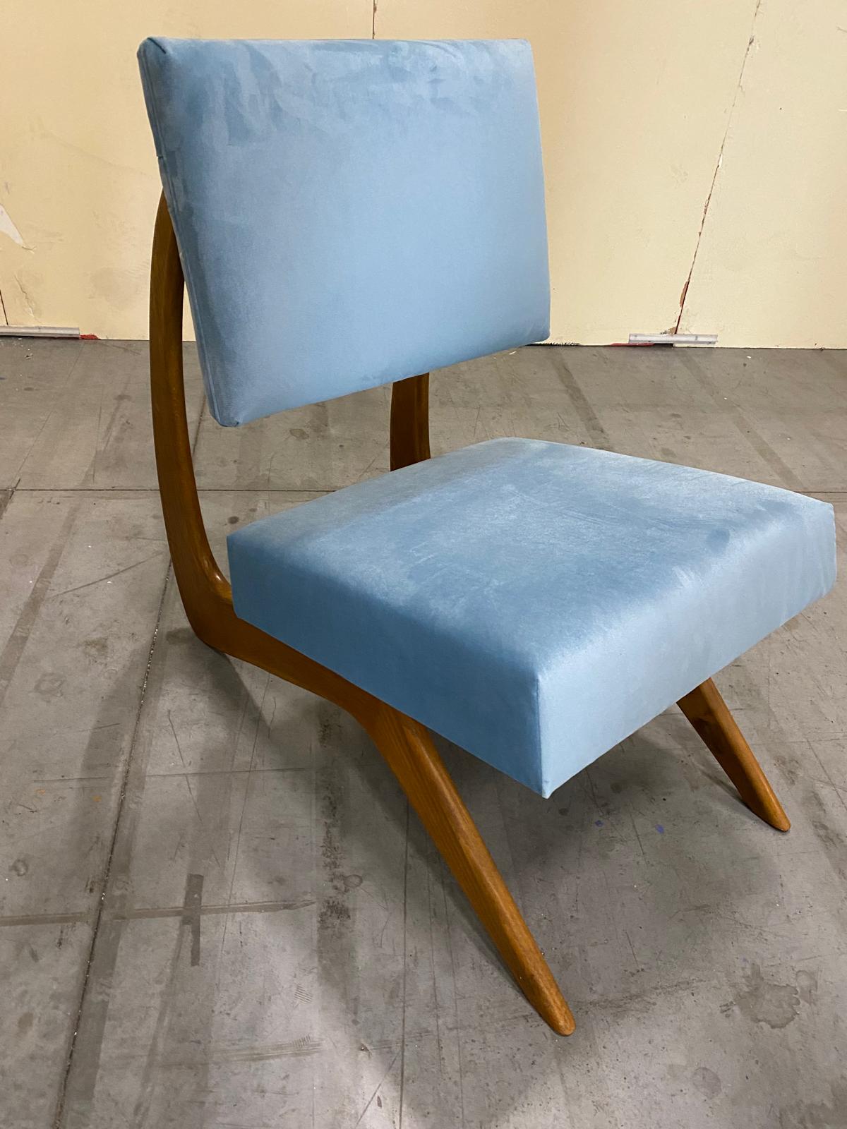 Italian Contemporary Adrian Persal Style Light Blue Velvet and Wood Armachair For Sale