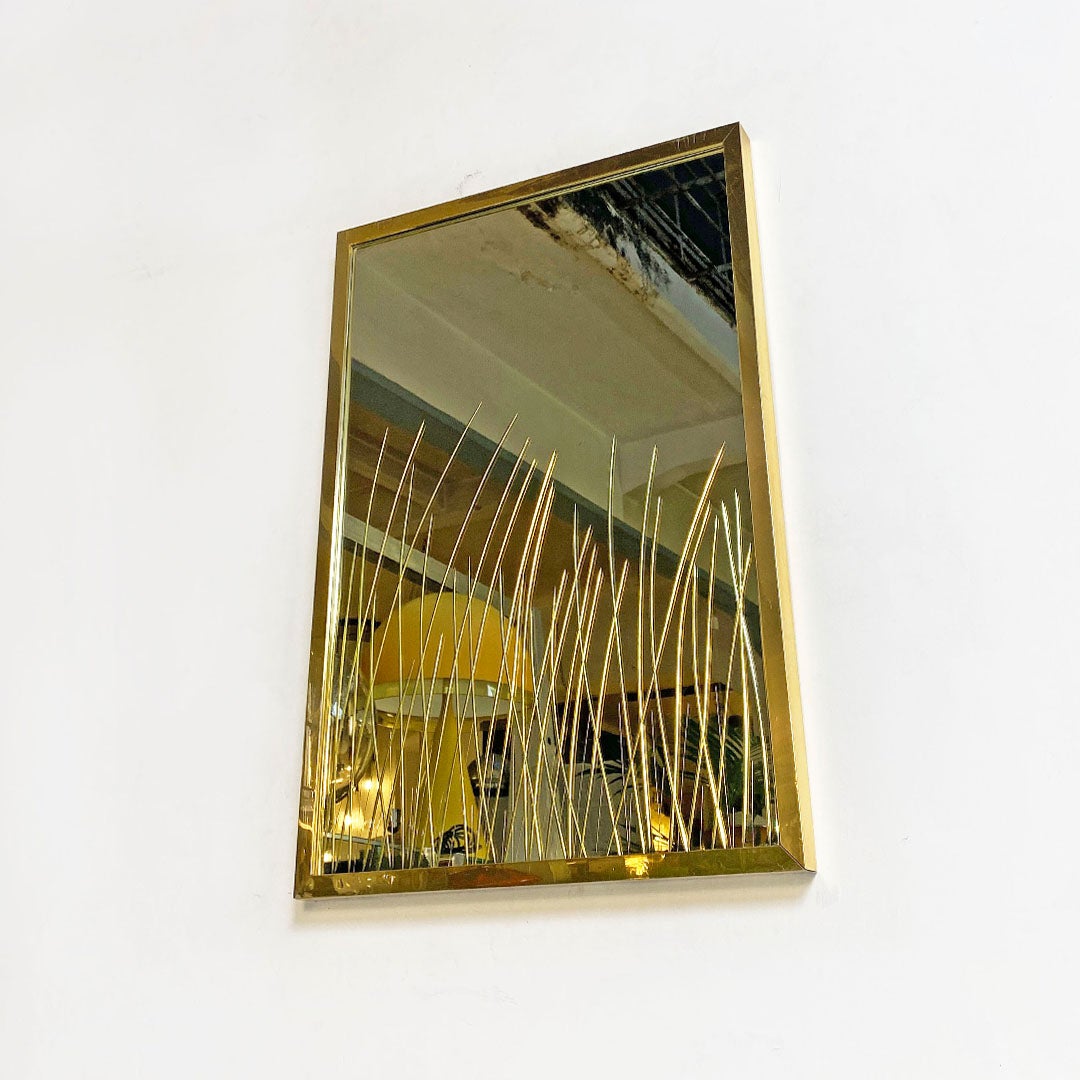 Italian Mid-Century Mirror with Brass Frame and Decorations by Crystal Art 1950s For Sale