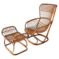 Italian Mid Century Modern rattan B4 armchair pouf Tito Agnoli Bonacina, 1950s