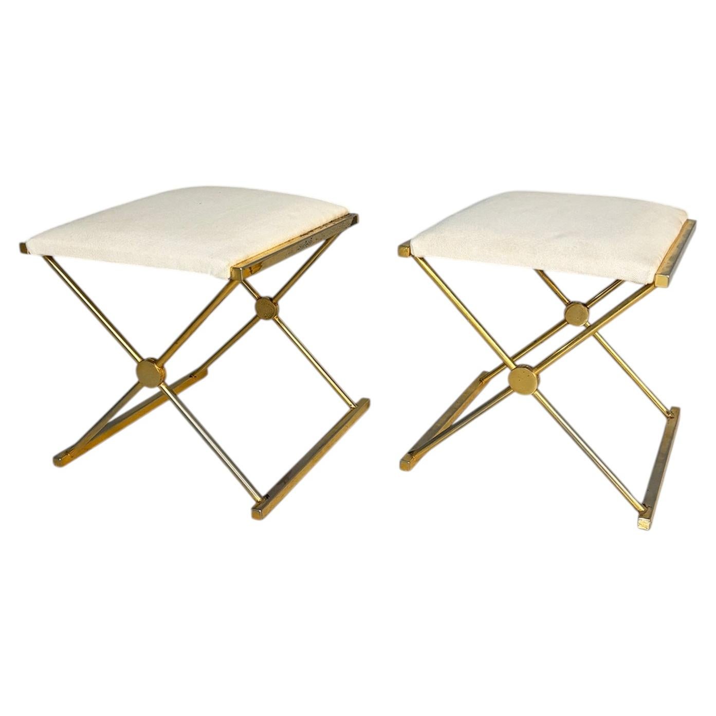 Italian modern Stools in golden metal and white fabric, 1980s