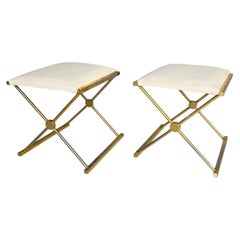 Tabourets modernes italiens en métal doré et tissu blanc, années 1980