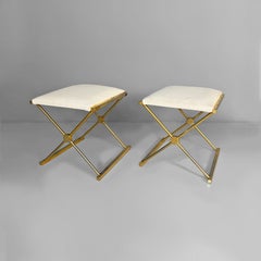 Tabourets modernes italiens en métal doré et tissu blanc, années 1980