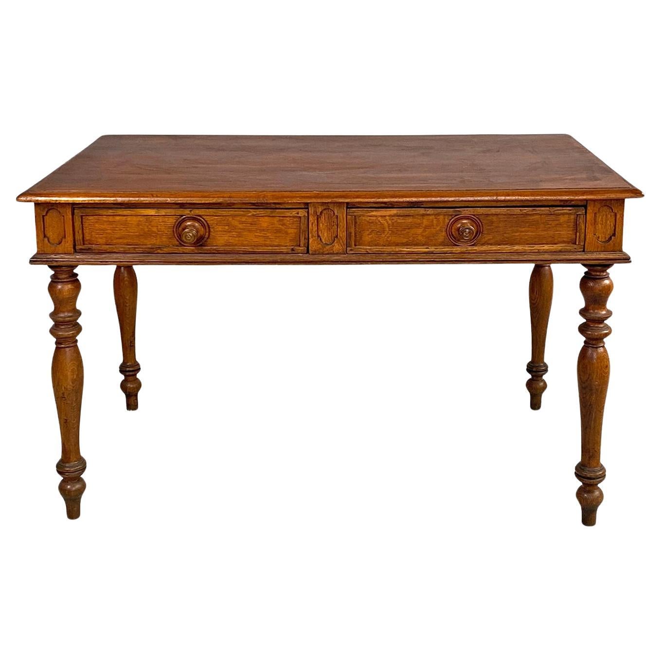 Italian antique wooden table with two drawers and turned legs, 1800s
