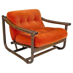 Vintage Italian modern bamboo armchairs orange cushions Tito Agnoli for Bonacina, 1970s
