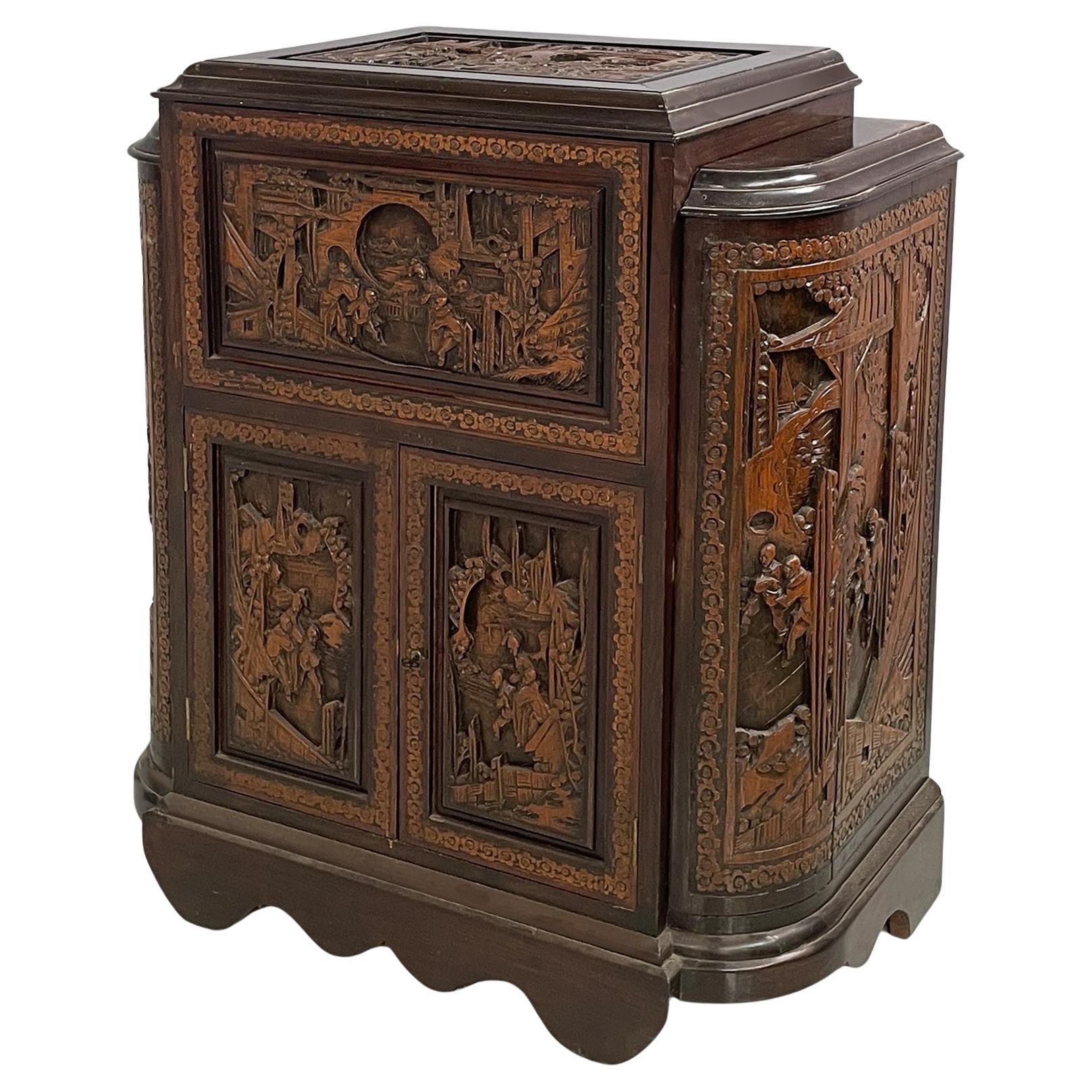 Mueble bar Art Decó de estilo asiático con incrustaciones de madera, años 30 en venta