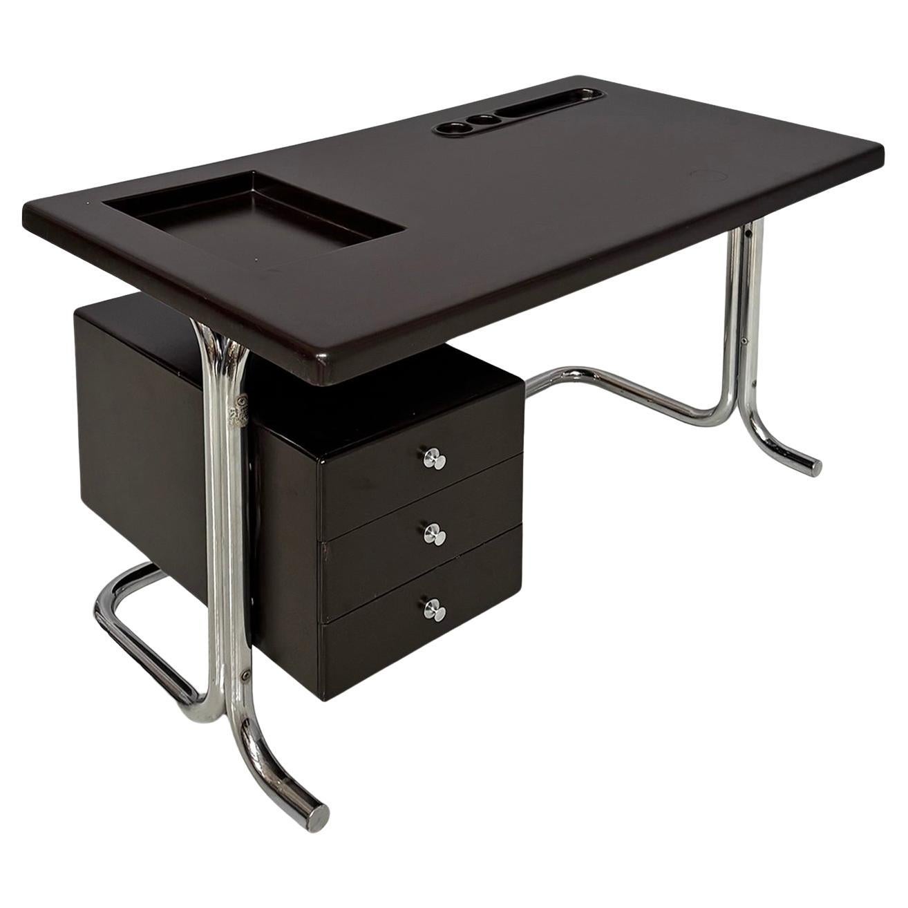 Escritorio moderno italiano de metal y plástico marrón oscuro para 2 INN, años 70 en venta