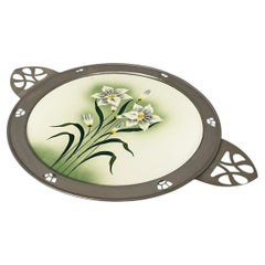 German Art Deco tray with flowers in ceramic and metal, 1930s