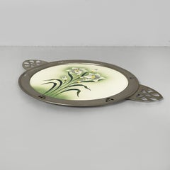 German Art Deco tray with flowers in ceramic and metal, 1930s