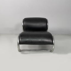 Italian modern black faux leather and steel armchair, 1980s