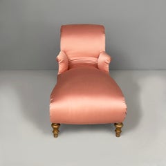 Italian chaise longue with armrest in pink satin and gilded wood, 1800s