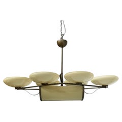 Italian Art deco chandelier in brass and opaline glass, 1930s