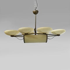 Italian Art deco chandelier in brass and opaline glass, 1930s