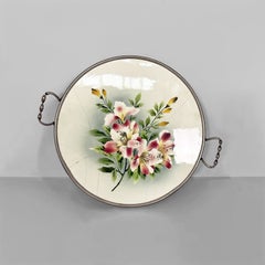 Italian Art Deco tray with flowers in ceramic and metal, 1920s