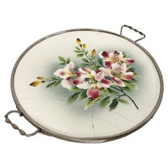 Italian Art Deco tray with flowers in ceramic and metal, 1920s