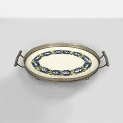 Italian Art Deco tray with flowers in ceramic and metal, 1920s
