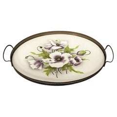 Italian Art Deco tray with flowers in ceramic and metal, 1920s