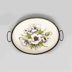 Italian Art Deco tray with flowers in ceramic and metal, 1920s