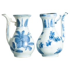 Rare Pair Wanli Miniature Chinese Blue & White Ewers ca1600 Bird & Floral Decor