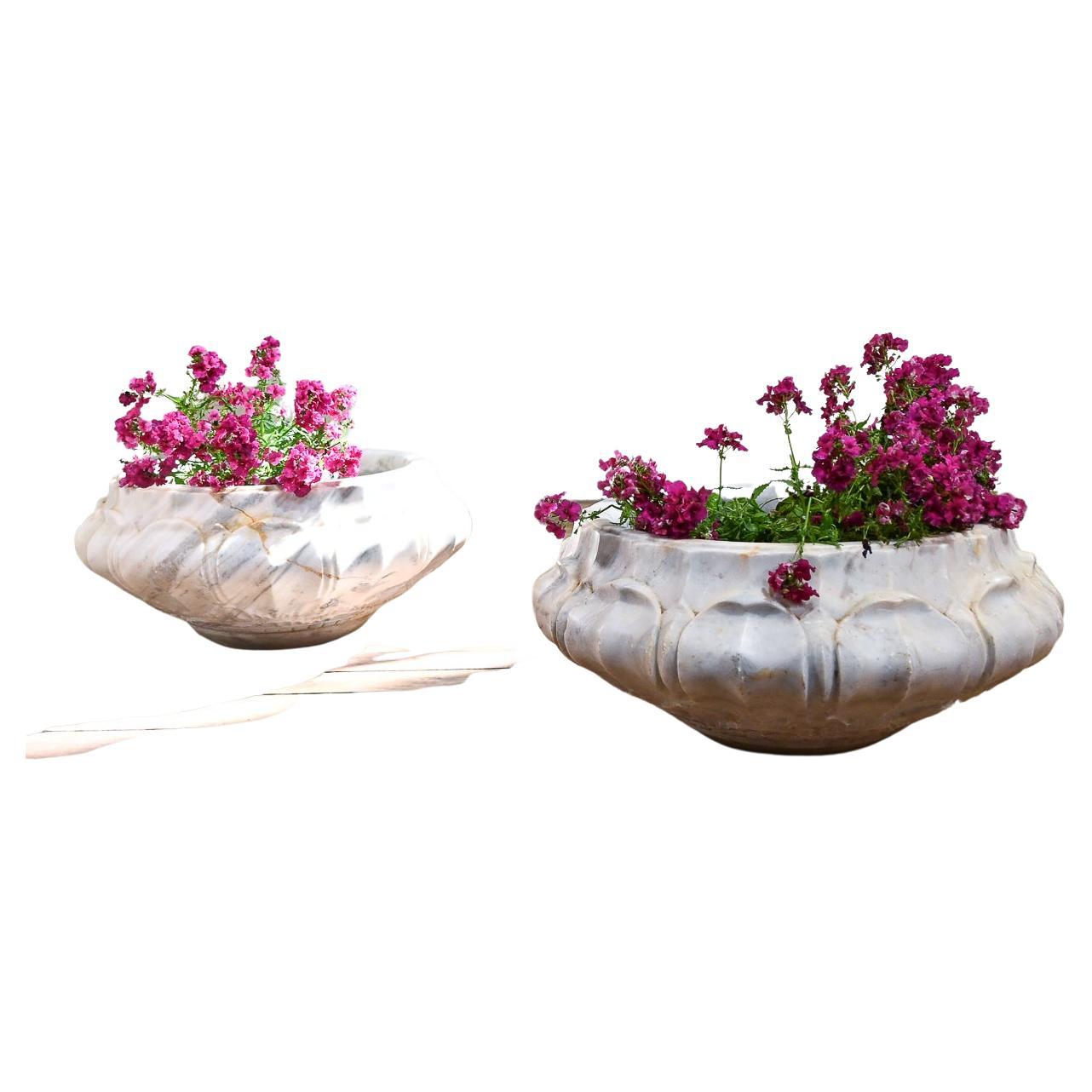 Pair of Carved Lotus Form Marble Jardinieres, Planters