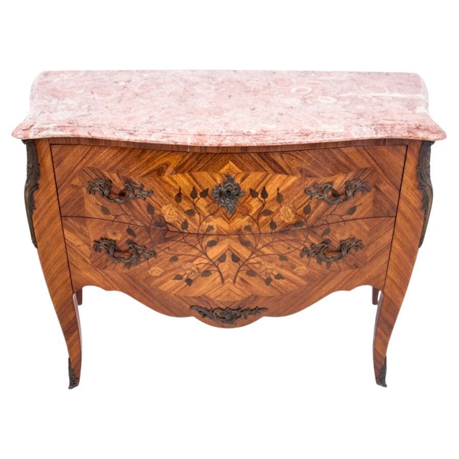Chest of drawers with intarsia and marble top, France, circa 1880. For Sale