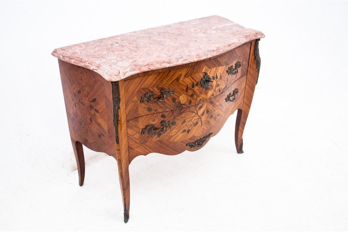 Rococo Chest of drawers with intarsia and marble top, France, circa 1880. For Sale