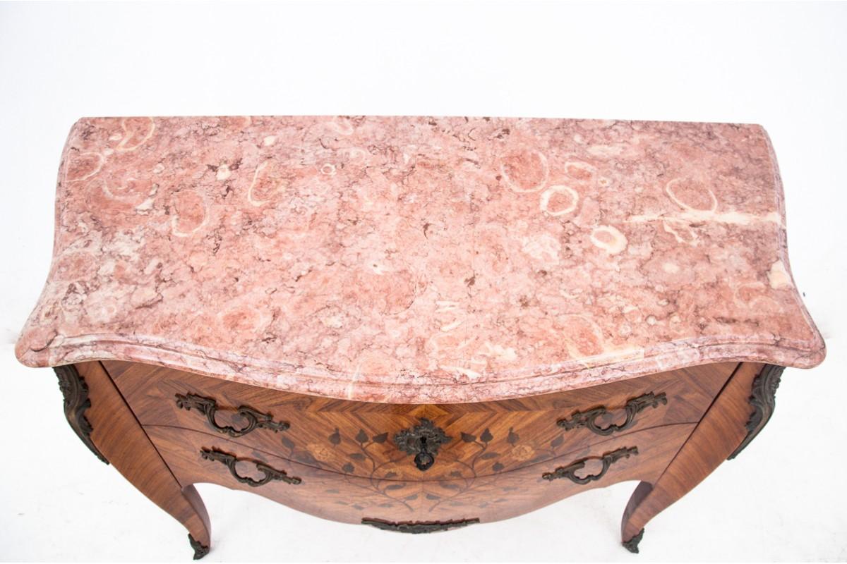 Late 19th Century Chest of drawers with intarsia and marble top, France, circa 1880. For Sale