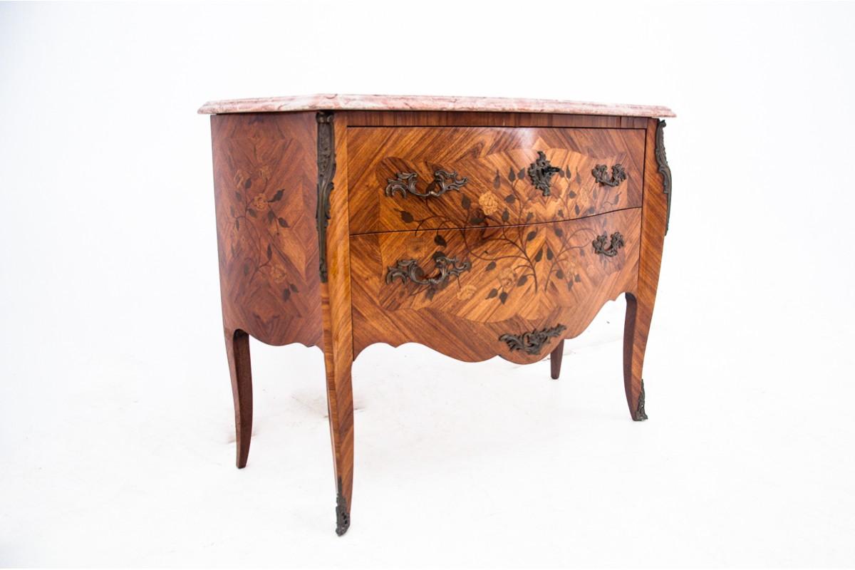 French Chest of drawers with intarsia and marble top, France, circa 1880. For Sale