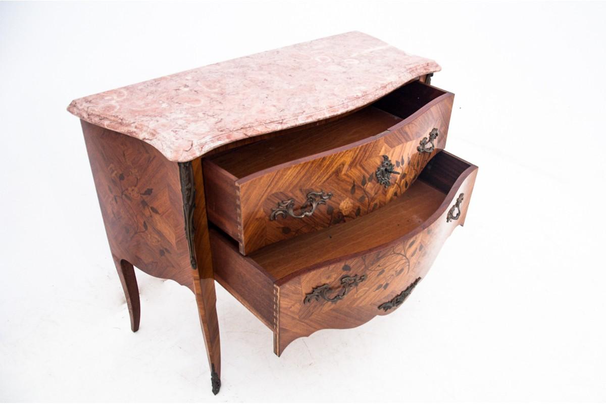 Chest of drawers with intarsia and marble top, France, circa 1880. In Good Condition For Sale In Chorzów, PL