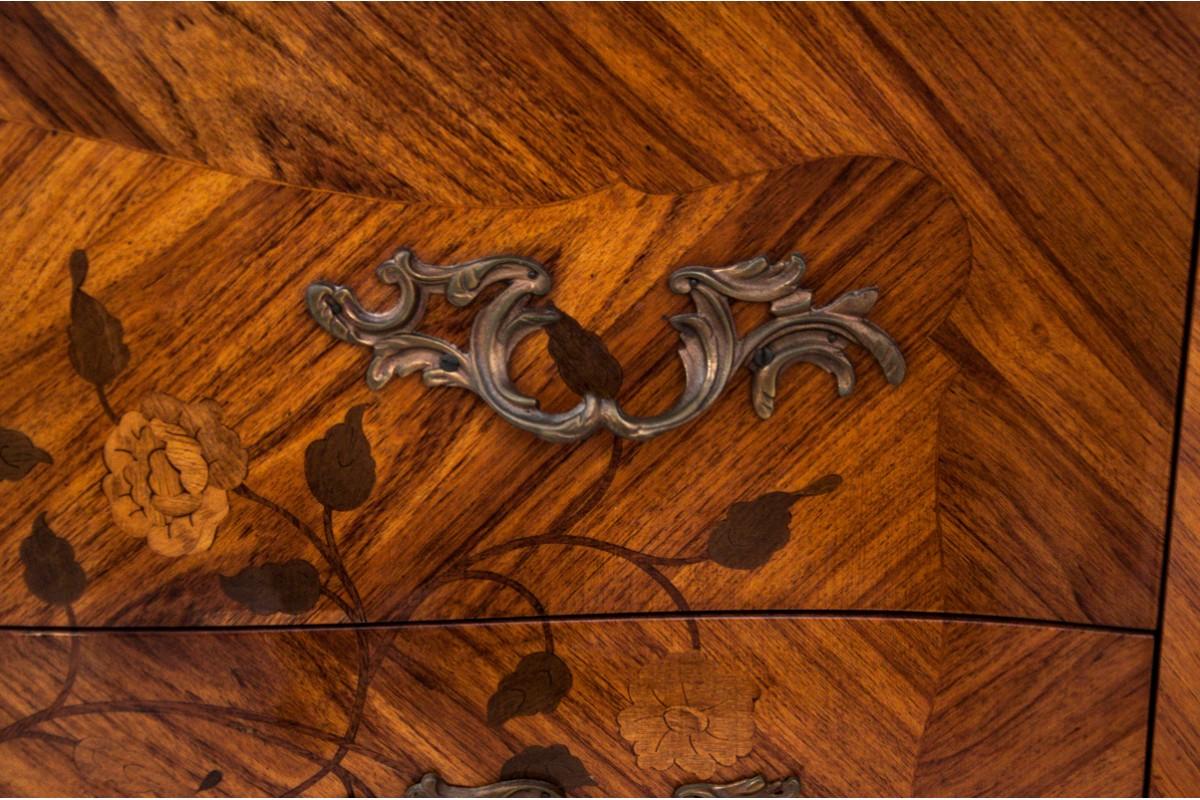 Walnut Chest of drawers with intarsia and marble top, France, circa 1880. For Sale