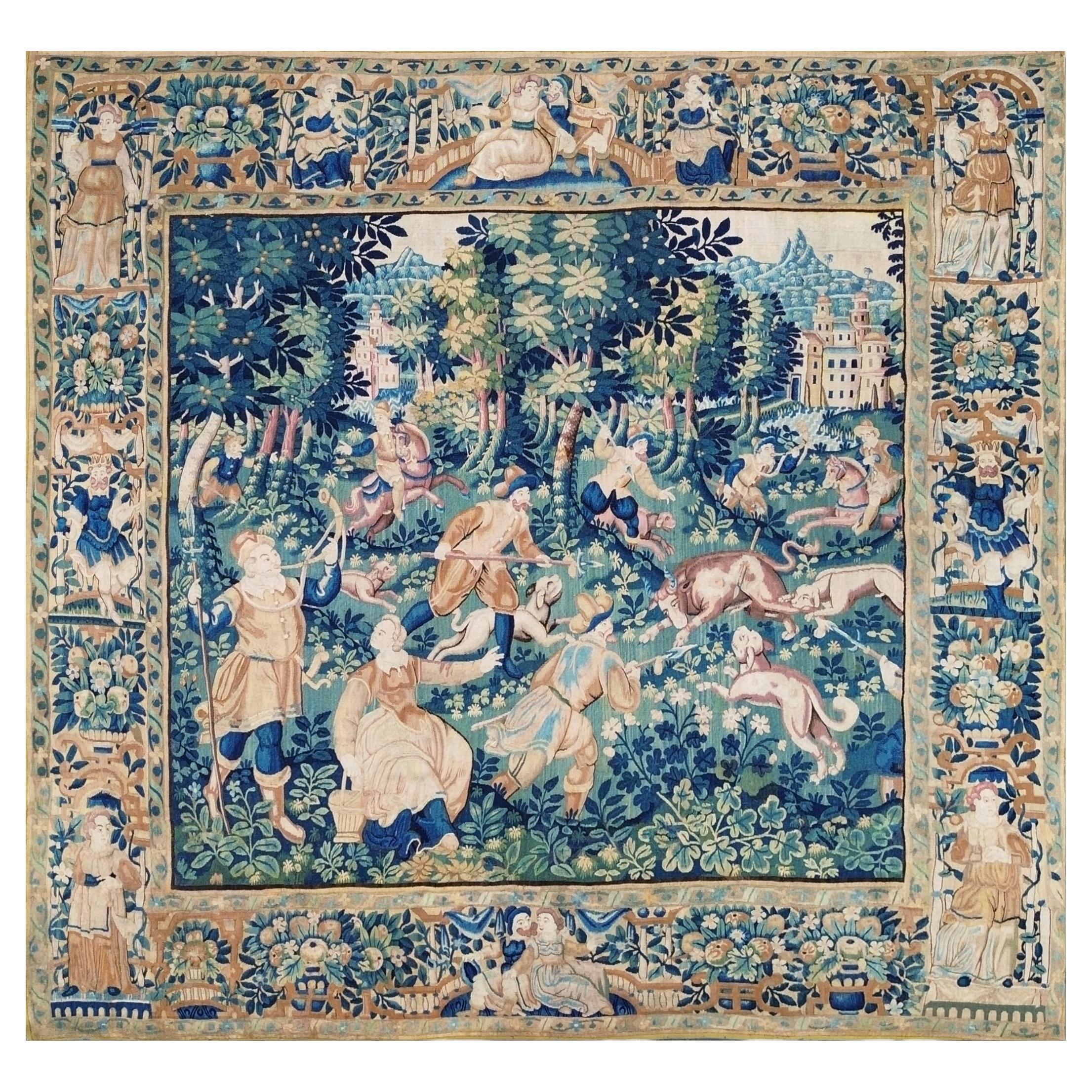 Arazzo antico delle Fiandre del XVII secolo, scena di caccia - N. 1661