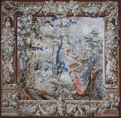 Aubusson-Wandteppich – Hirschjagd-Szene, üppig grüne Landschaft – 150 B x 156 H – Nr. 1718