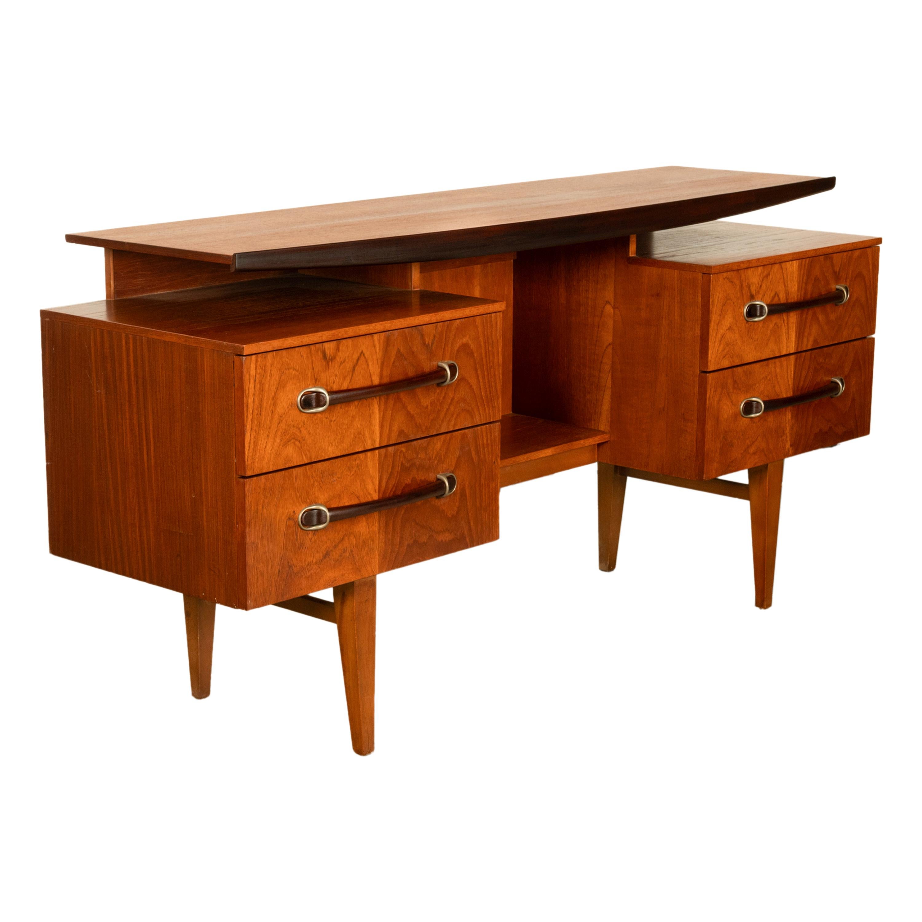 Vintage Danish Mid Century Modern Teak Four Drawer Desk with Floating Top 1965 In Good Condition For Sale In Portland, OR
