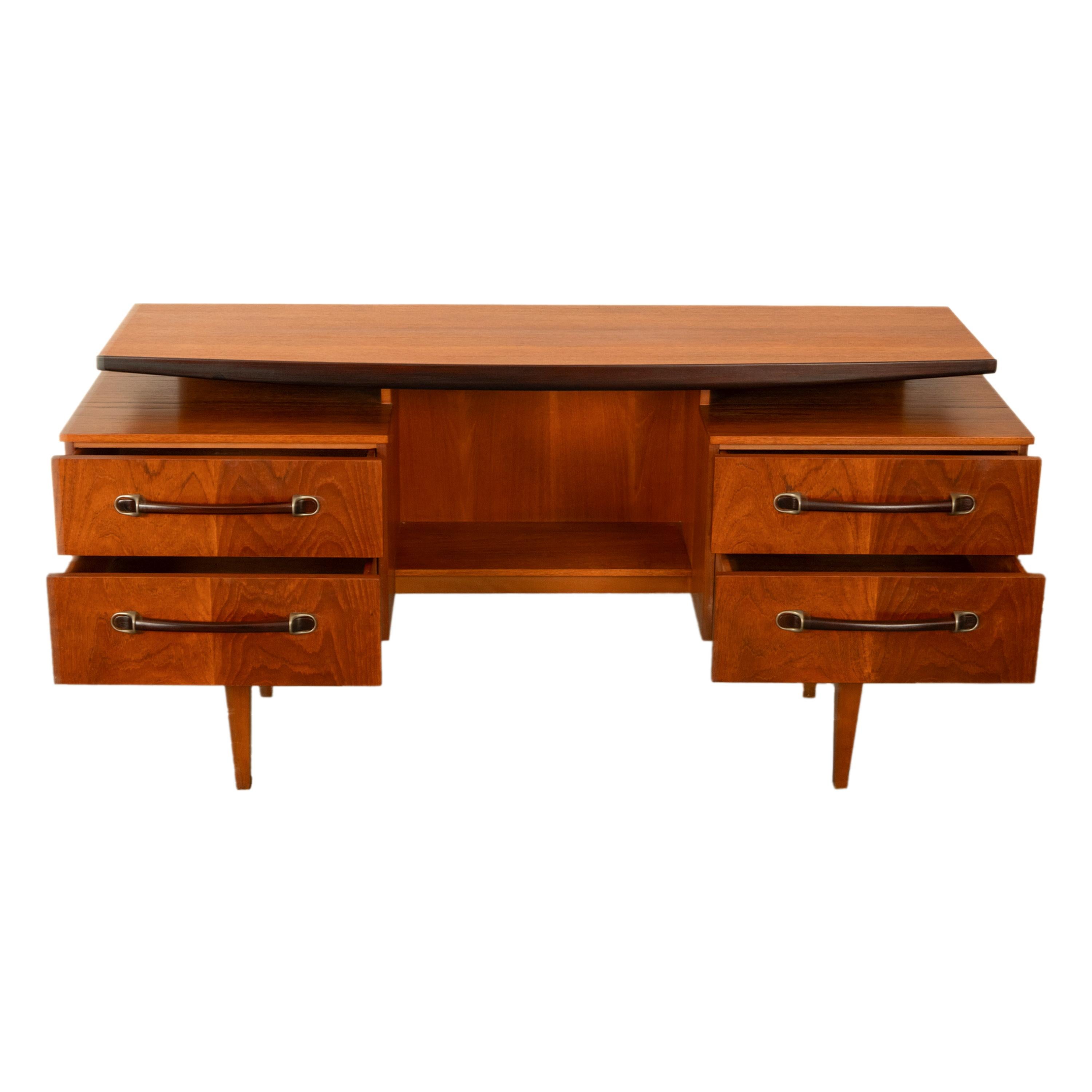 Vintage Danish Mid Century Modern Teak Four Drawer Desk with Floating Top 1965 For Sale 1