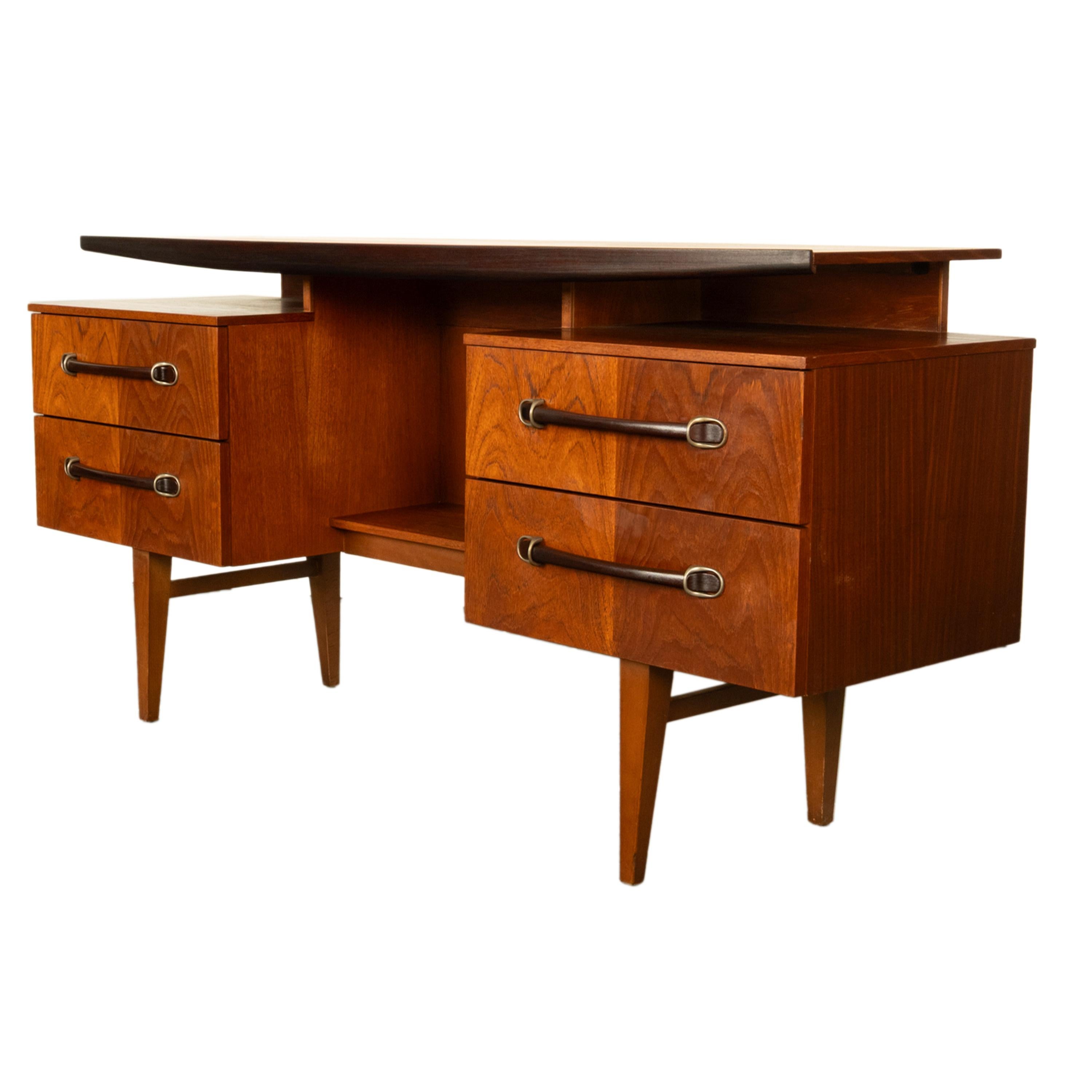 Vintage Danish Mid Century Modern Teak Four Drawer Desk with Floating Top 1965 For Sale 5
