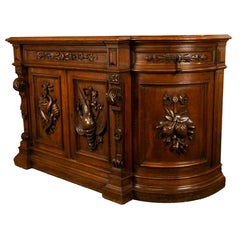 Antique 19thC French Black Forest Carved Oak Hunt Buffet Sideboard Bar 1870