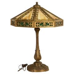 Antique American Arts & Crafts 3 Light Slag Glass Table Lamp by Miller Co. 1910