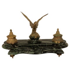 Antique 19thC French Empire Gilt Bronze Marble Eagle Desk Set Twin Inkwell 1880