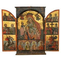 Antique 18thC Greek Orthodox Triptych Icon Virgin Mary & Saints Egg Tempera 1700