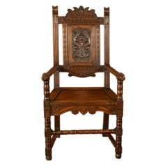 Chaise bardique Eisteddfod ancienne en chêne sculpté, originaire de Trelawnyd, Newmarket, au Pays de Galles, 1901