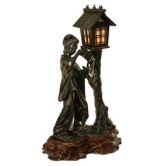 Antique Japanese Meiji Period Cast Bronze Geisha Statue Figure Lamp Signed 1890