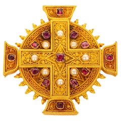 Antique Italian Etruscan Revival 22k Gold Brooch Rubies & Pearls Marchesini 1870