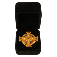 Antique Italian Etruscan Revival 22k Gold Brooch Rubies & Pearls Marchesini 1870