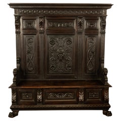 Antique 19thC Italian Renaissance Revival Carved Hall Bench Storage Settle 1880