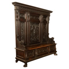 Antique 19thC Italian Renaissance Revival Carved Hall Bench Storage Settle 1880