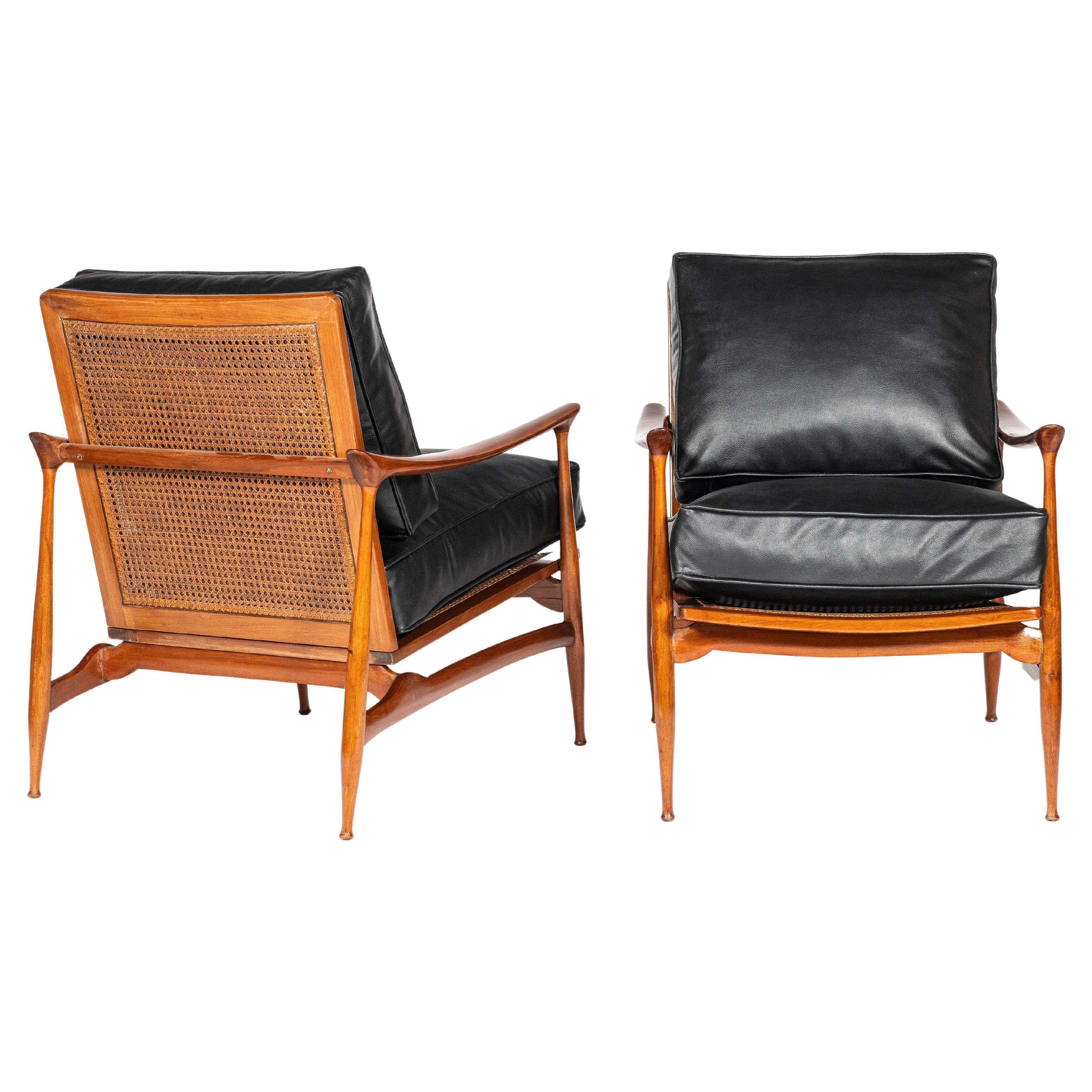 Pair of Wood, Rattan and Leather Scandinavian Armchairs, circa 1960 For Sale
