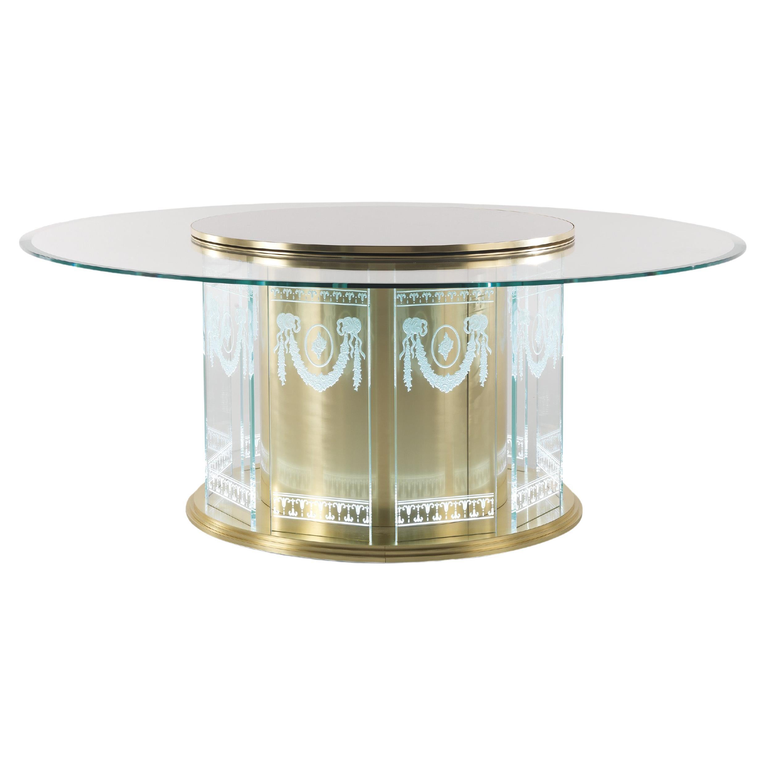 Table de salle à manger Fuji du 21e siècle en métal et verre avec décorations grecques